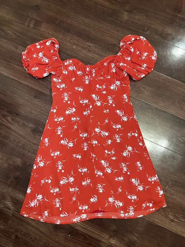 Simple Retro Floral Mini Dress Puff Sleeves Size Small - Image 3