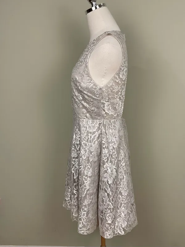 Alice + Olivia Metallic Natalia Open Back Lace Mini Dress Taupe Silver Sz 10 - Image 3
