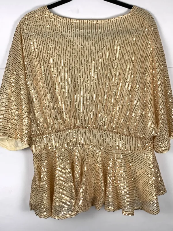Grace Karin Womens Top 1XL Gold Sequin V Neck Batwing Peplum Party Blouse - Image 8