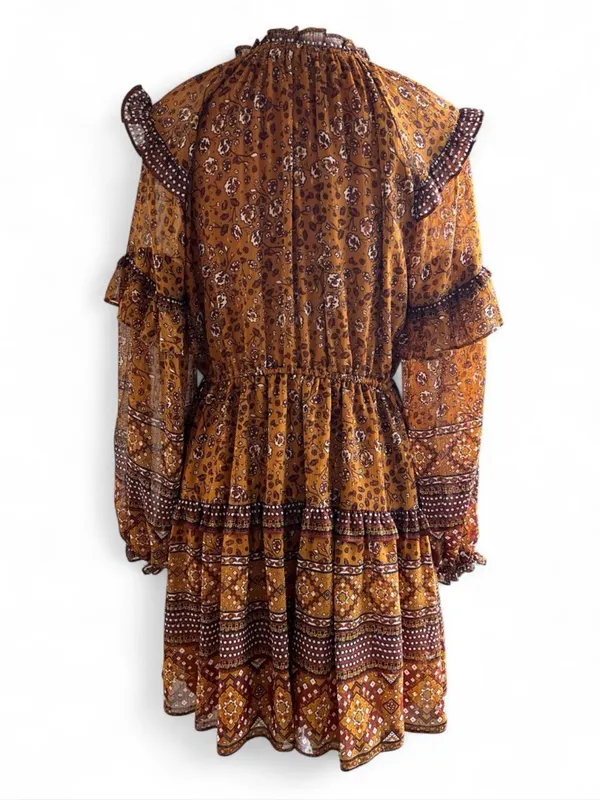 House of Harlow 1960 Wallis Rust Multi Floral Smocked Ruffle Mini Dress Size S - Image 2