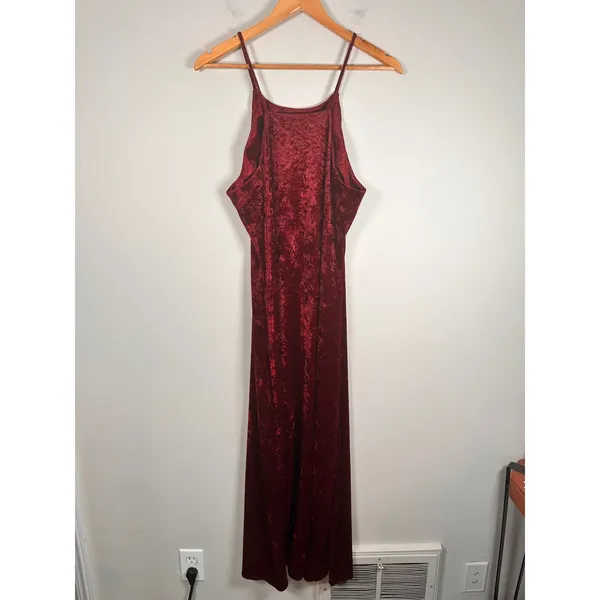 Vintage DBY Crushed Velvet Maxi Dress Womens 13/L Burgundy romantic whimsigoth - Image 4