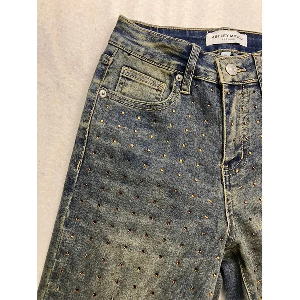 Ashley Mason‎ Flare Jeans Womens 1/25 Blue Rhinestone Embellished Y2K - Image 8
