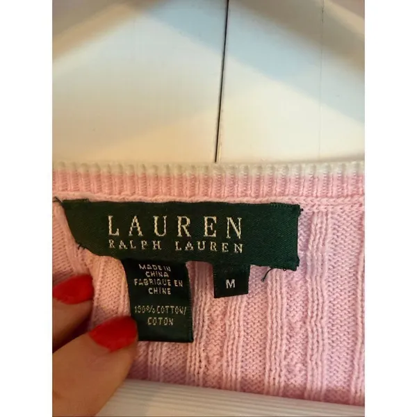 Lauren Ralph Lauren 100% cotton pink cableknit vneck sweater M - Image 3