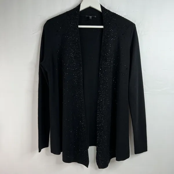 Eileen Fisher S Cardigan Black Beaded Merino Wool Open Front Italian Yarn Luxury - Image 3