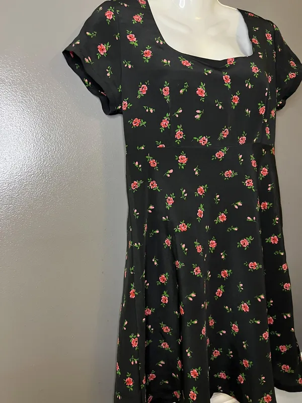Vintage Esprit Dress Women 6 Black Floral Fit & Flare Short Square Neck Sundress - Image 3