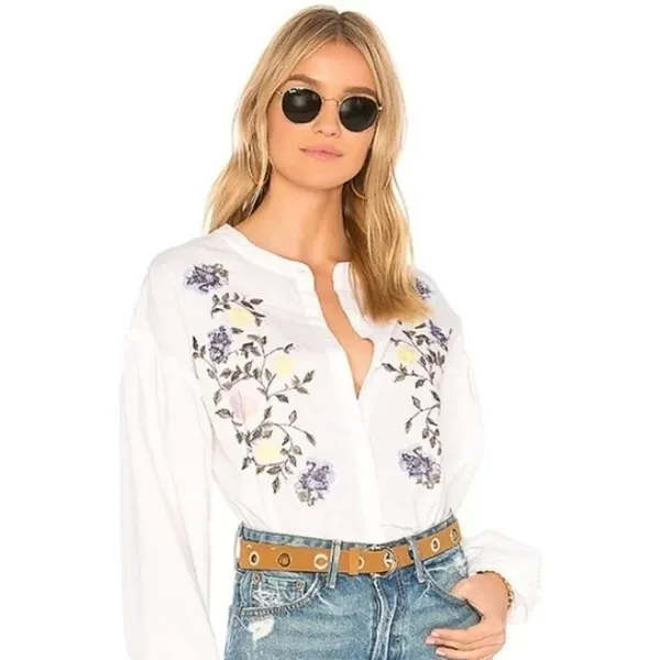 Sanctuary Danni White Embroidered Floral‎ Button Front Blouse Top Size M - Image 9