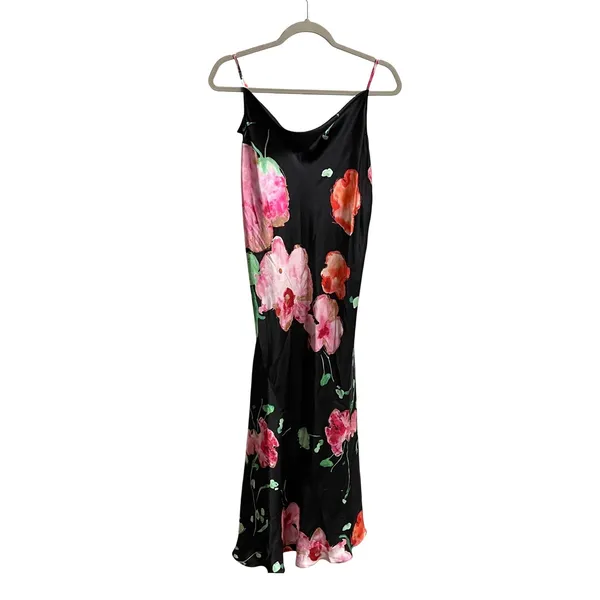 Josie Natori Silk Slip Dress Womens L Black Peony Blossom Floral Bias Cut Midi - Image 2