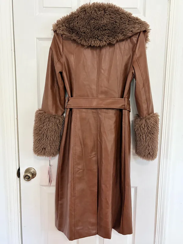 Avec Les Filles Brown Faux Leather Fur Trim Belted Maxi Coat XS Y2K Glam Luxe $258 - Image 3