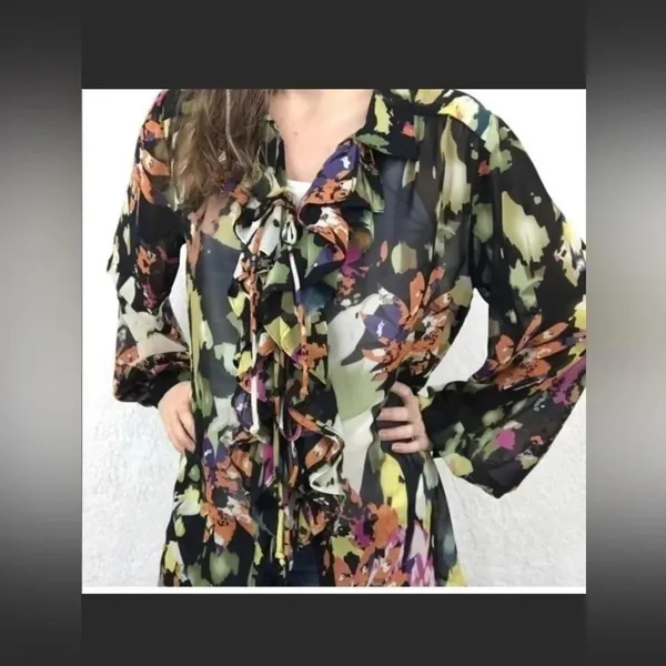 CAbi Floral Ruffle Tie Front Sheer Blouse // Size Small - Image 4