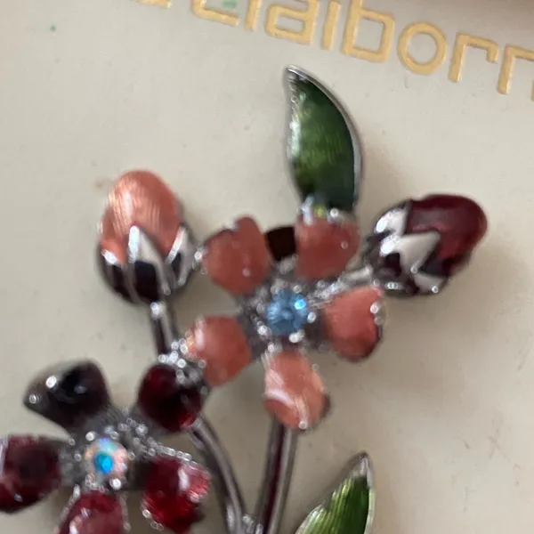 Vintage Liz Claiborne Brooch Pin Floral Flowers Red Pink Green In Box 2”H X 1”W - Image 3