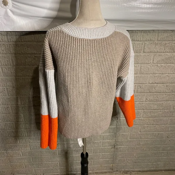 Stitches + Stripes Gray Orange‎ Colorblock V Neck Knit Sweater Womens Size L - Image 3