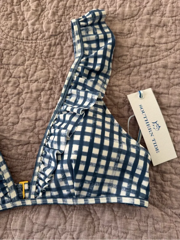 Southern Tide Seven Seas Blue/White Painted Gingham Ruffle Bikini Top - Image 5