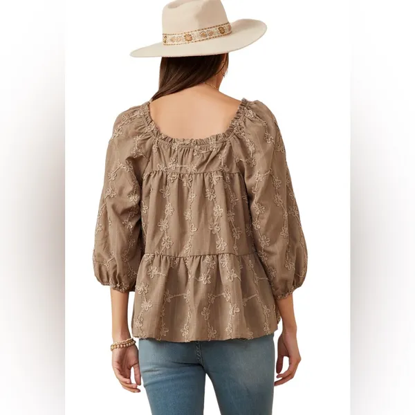 Hayden Women’s Brushed Floral Detailed Puff Sleeve Square Neck Top L - Image 5