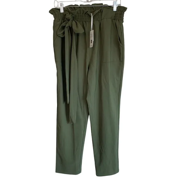 Grace Karin Paperbag Waist Pants Olive‎ Green Tie Belt Cropped Ankle Leg L NWT - Image 7