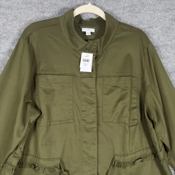 J. Jill Size-2X Women Utility Jacket Olive Green Ruffle Cotton Tencel - Image 5