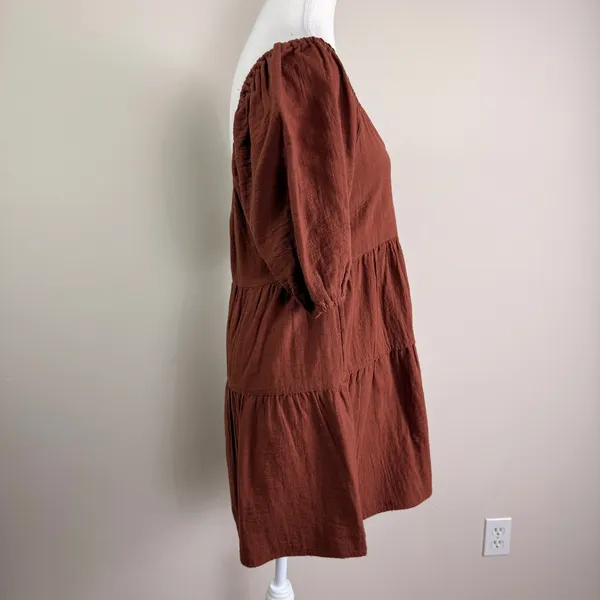 Billabong Fall For Ya Brown Cotton Gauze Tiered Puff Sleeve Mini Dress NWT Small - Image 3