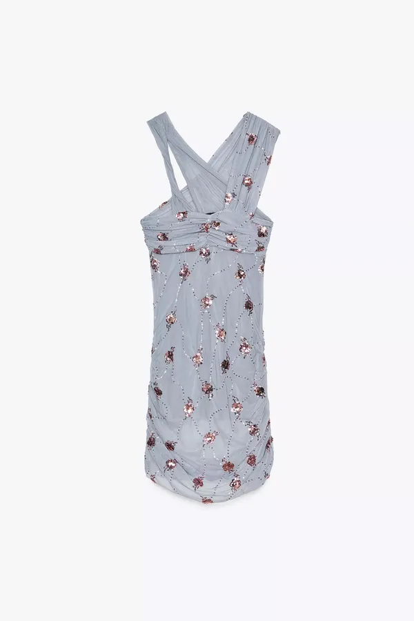 ZARA Draped Sequin Mini Dress blue - Image 4