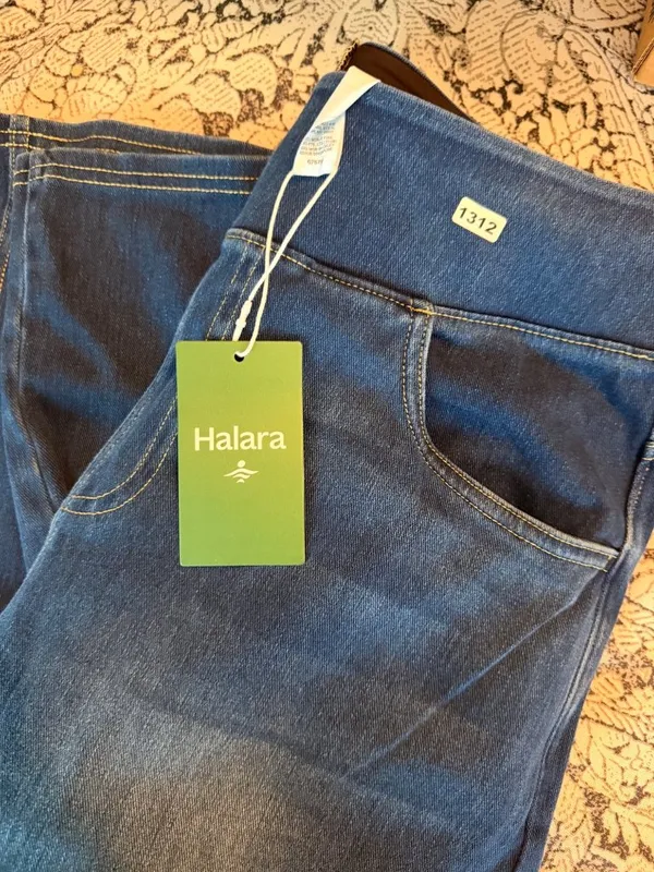 Halara L Denim Wide-Leg Pants Stretch Waist Large Blue Cotton Blend - Image 6