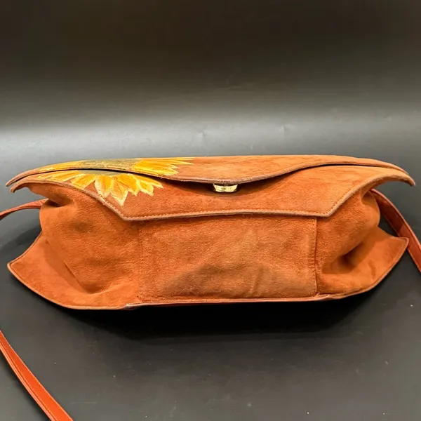 Vintage CHARLES JOURDAN Brown Suede Leather Hand-painted Sunflower Crossbody Bag - Image 7