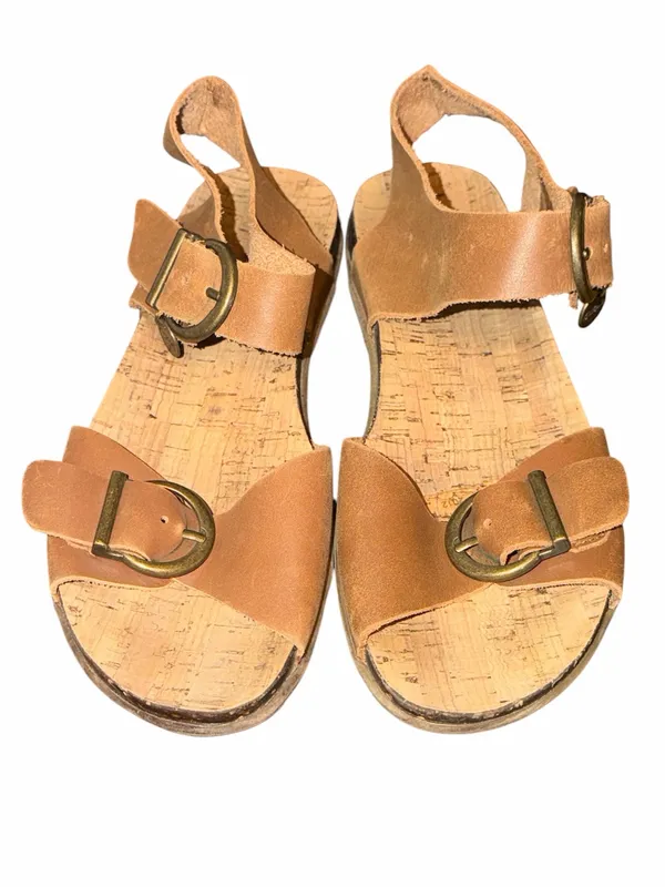 Kickers Tan Leather Cork Slide Sandals with Brass Buckles - Image 4