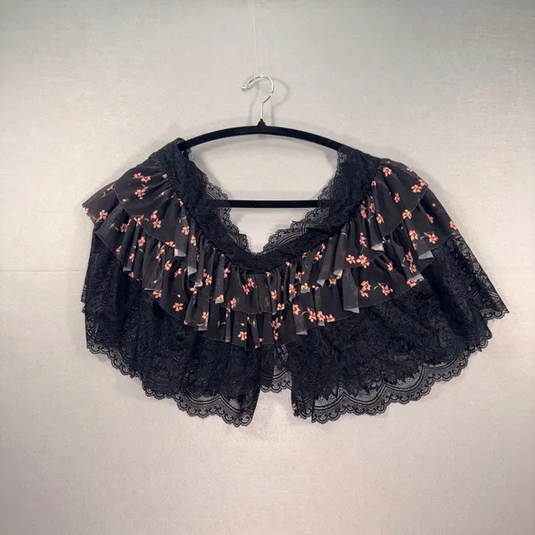 AFRM Gothic Victorian Floral Lace Ruffle Crop Top Front Closure Black Pink M - Image 2