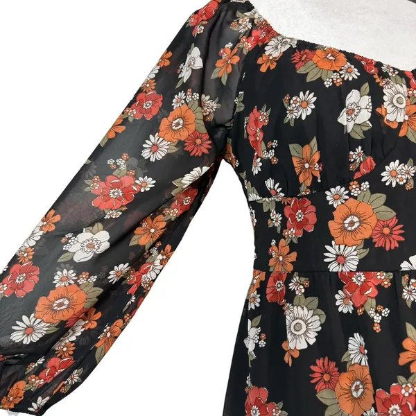 Hollister Dress Womens Medium Floral Long‎ Puff Sleeve Slit Midi Chiffon Retro - Image 5