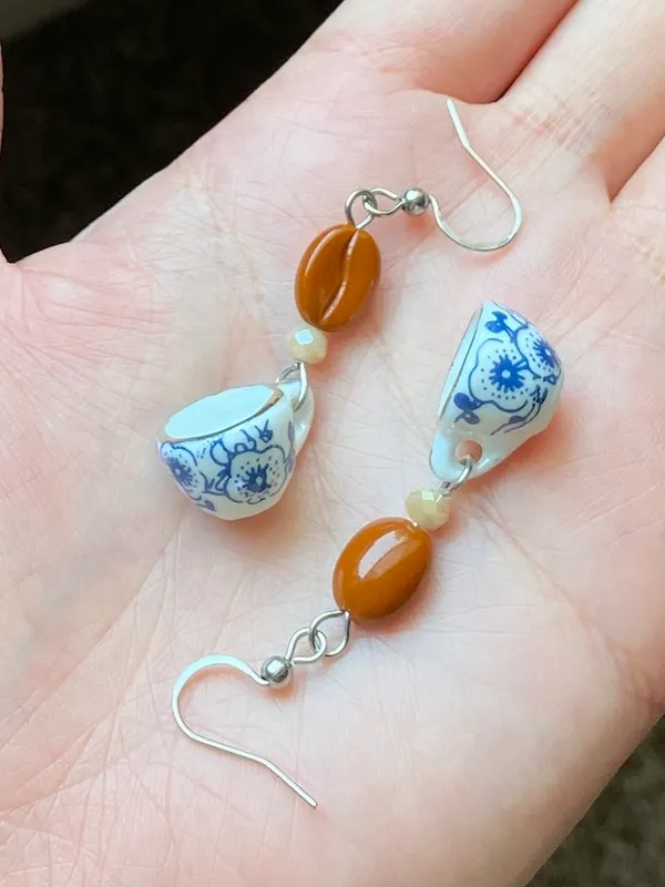 Handmade porcelain mug cup & coffee beans unique fun fairy antique style dangle earrings☕️🍃🌀 - Image 6