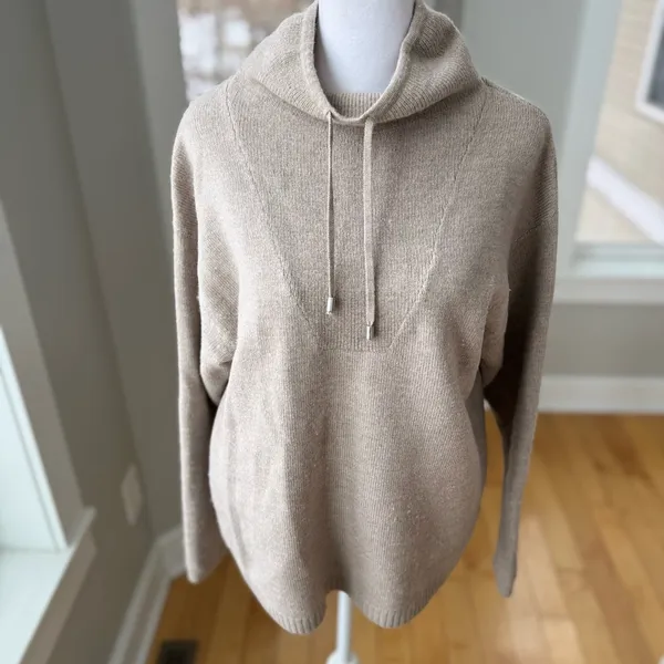 H by Halston Taupe Oatmeal Merino Wool Drawstring Mockneck Sweater Size Small - Image 10