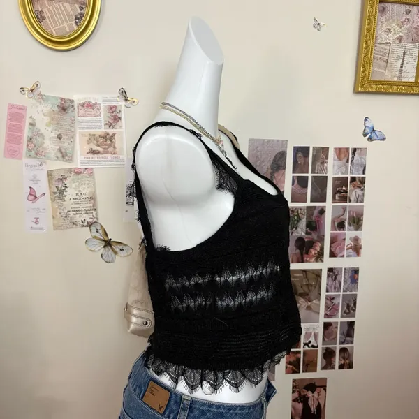 Zara Black Open Knit Tank Top With Lace Trim And Straps Size L - Image 3