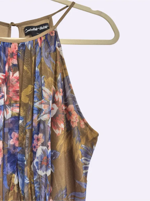 Candalette Petite Floral Mesh Maxi Dress PL Brown Blue Pink Tiered Halter Boho - Image 3
