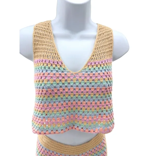 Lovers + Friends Pastel Rainbow Crochet Set Crop‎ Top XL Mini Skirt L Revolve - Image 4