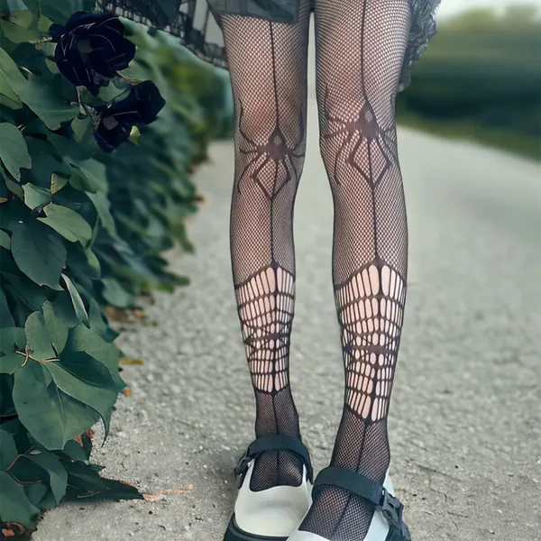 Black Spider Pattern‎ Pantyhose, Gothic Sexy Fishnet Pantyhose One Size - Image 4
