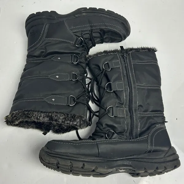 Totes Emily Black Faux Fur Trim Winter Snow Boots Size 8M Side Zip LaceUp Flaw - Image 11