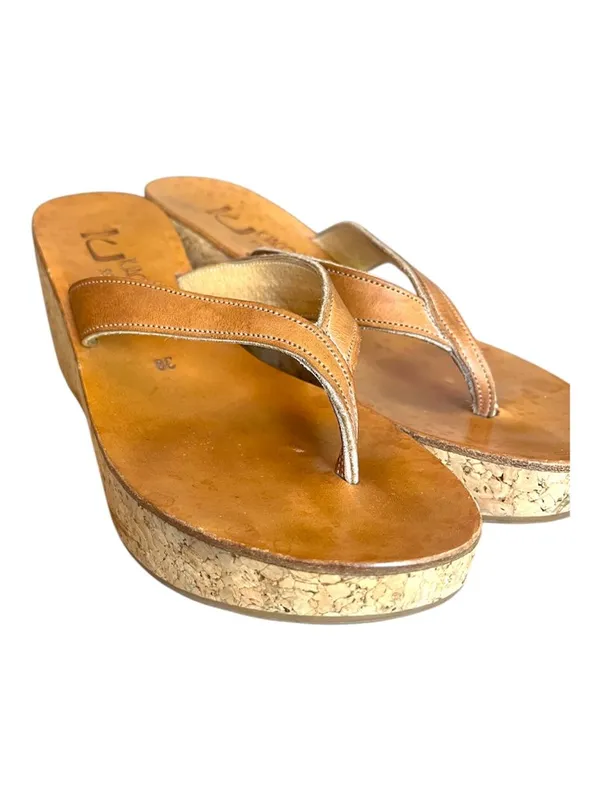 K. Jacques St. Tropez Cork Wedge Thong Sandals Brown Gold Leather EU 38 - Image 3