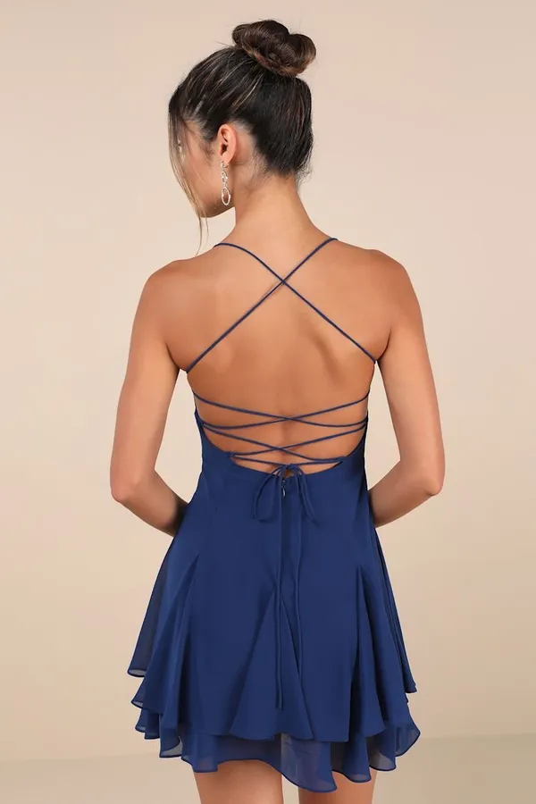 New Lulus Perfected Dark Blue Pleated Tiered Mini Dress Size Large MSRP $62 - Image 2