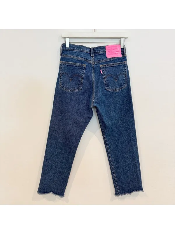 Levis Wedgie Jeans Size 27 Blue Dark Wash Frayed Raw Hem Button Fly Downtown Gir - Image 9