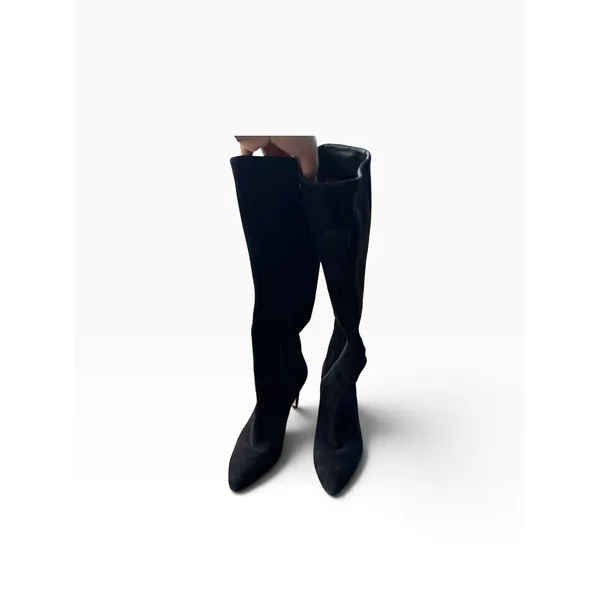 Via Spiga Suede Tall Boots 7.5M Black Pointed Toe Stiletto Heel Zip Up - Image 5