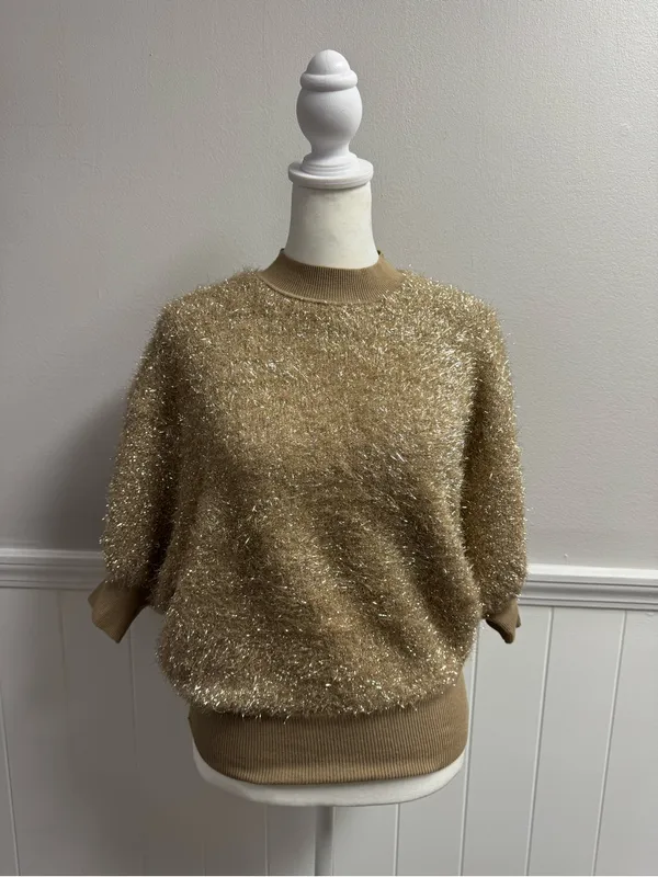 Maeve Violette Short-Sleeve Tinsel Pullover Sweater Metallic Gold Honey Small - Image 14