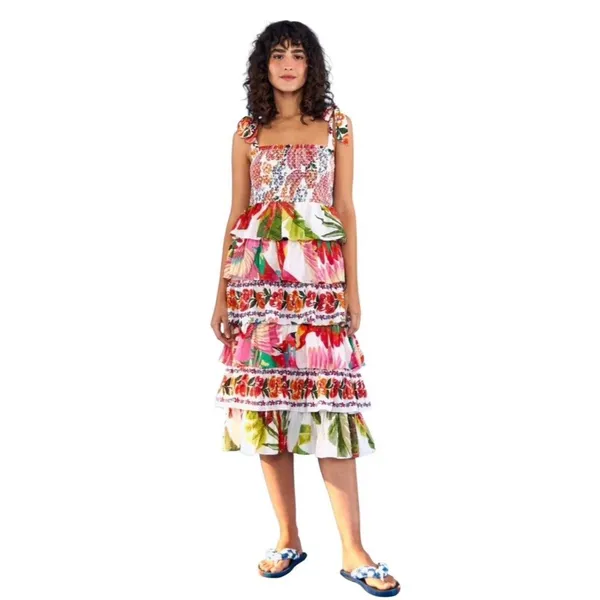 Farm Rio Mixed White Prints Layered Dress M Tropical Floral Tiered Linen Smocked - Image 13