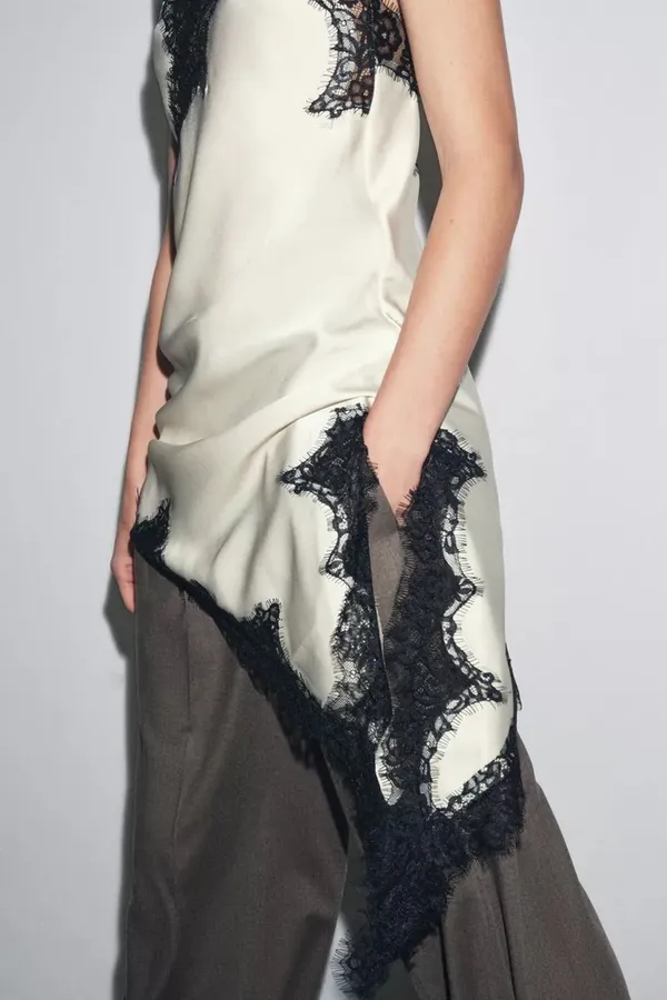 Zara Satin Lace-Trim Slip Dress - Lingerie White with Black Lace - Image 8