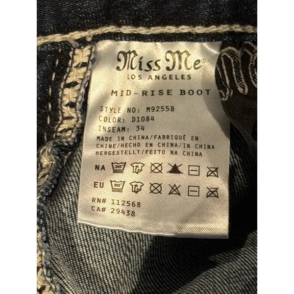 Miss Me Mid-Rise Bootcut Jeans Dark Wash Embellished Cross Wings Y2K BKE 25x28 - Image 4