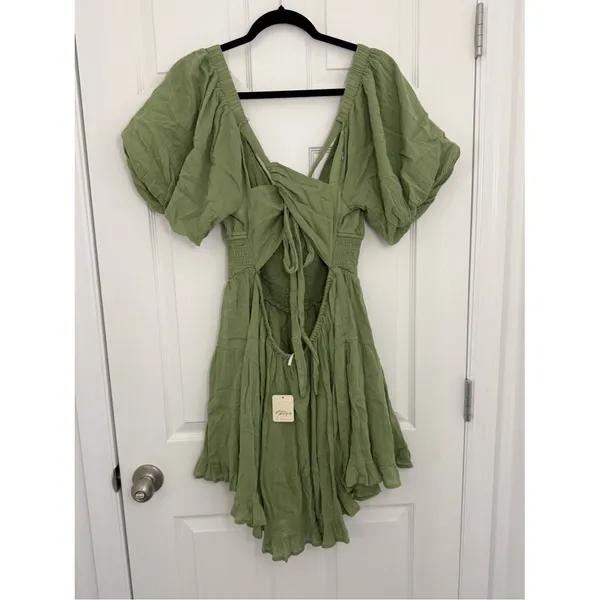 Free People Perfect Day Cotton Mini Dress Womens Medium Olive Green Deep V Neck - Image 3