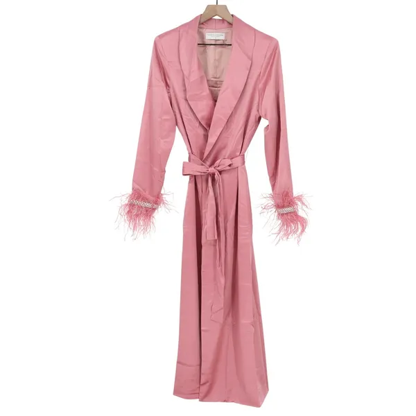 Naked Wardrobe The Statement Blush Pink Feather Trim Pearl Duster Robe M - Image 2