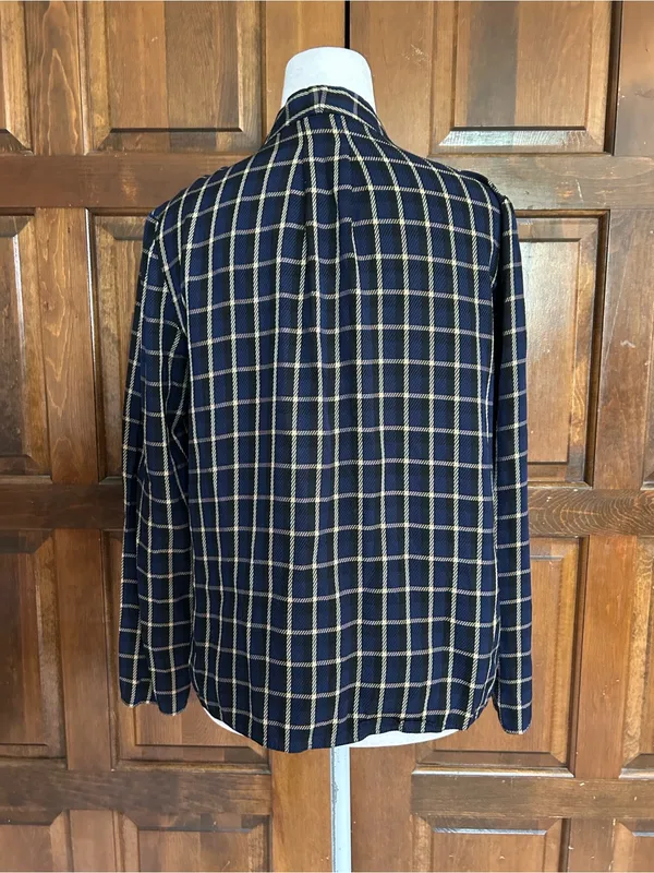 Aritzia Babaton Power Blouse Small S Navy‎ Blue Cream Check Plaid V-Neck Career - Image 4