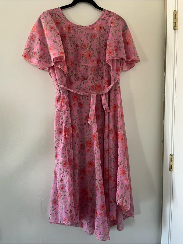 Pink Floral Flutter Sleeve Midi Dress 8 Cottagecore Feminine Church Modest - Image 5