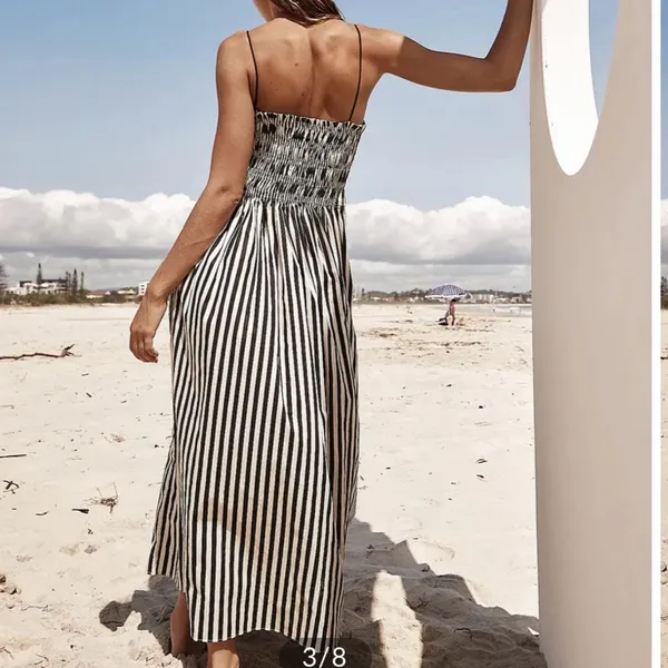 Commense Black Sleeveless White Pinstripe Long Dress - Image 4