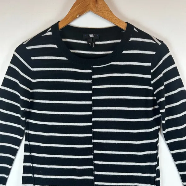 PAIGE Womens XS Merino Wool Blend Black White Striped Knit Sweater Long‎ Sleeve - Image 7