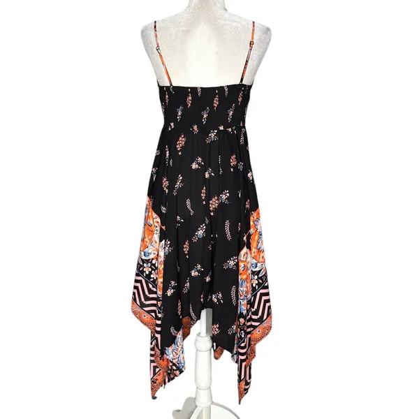 Express Small Black Asymmetrical Spaghetti-Strap Dress Floral Smocked Swing - Image 8