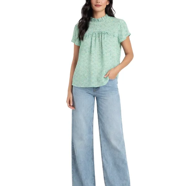Joie Green Floral Babydoll Blouse with Gold Accents Short Sleeve Medium - Image 2
