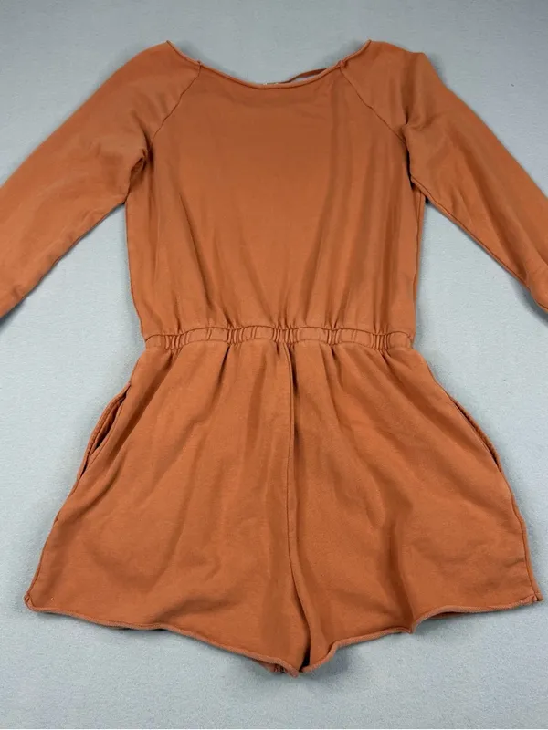 Aerie Romper Womens S Rust Brown Long Sleeve Drawstring Waist Soft Knit Lounge - Image 4